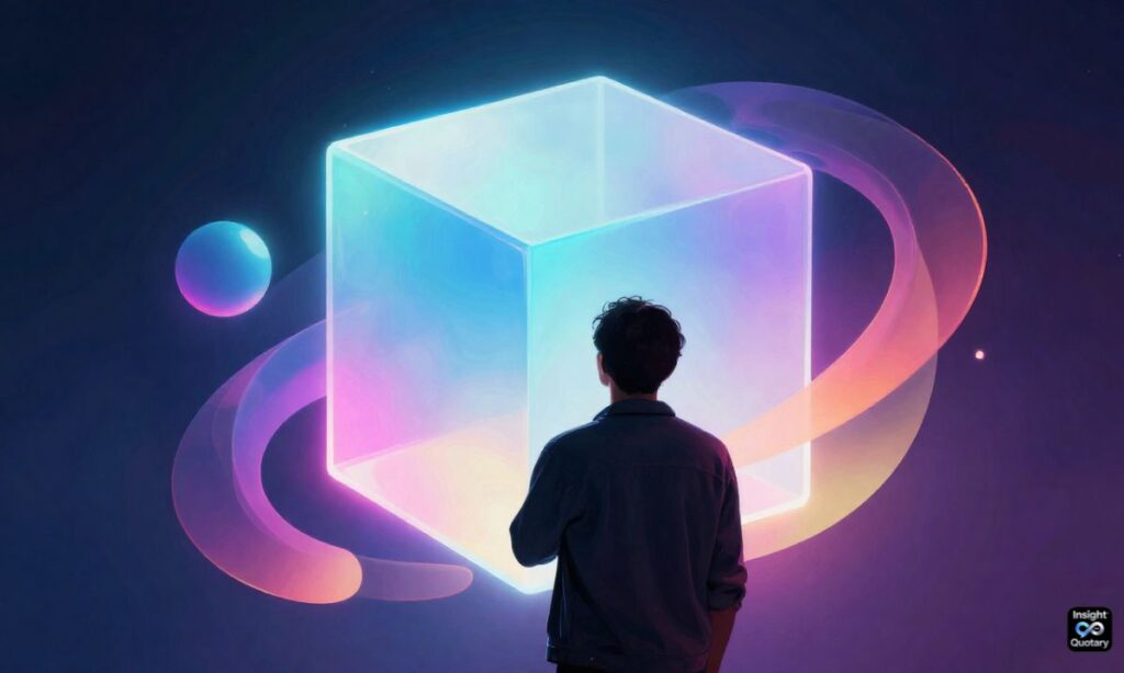 "Leader thinking outside a glowing cube, abstract creative elements around, innovation and fresh ideas, inspiring colors"
